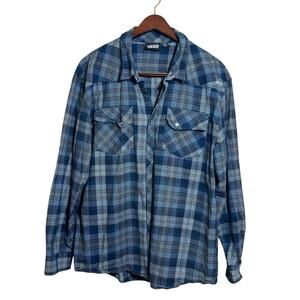 Vans Men's XXL Western Pearl Snap Button Up Shirt Long Sleeve Blue Plaid